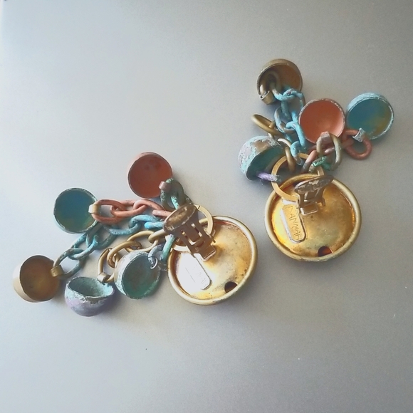 Dannah Designer Dangling Clip On Copper Brass Patina Link Handmade Earrings - Picture 13 of 16